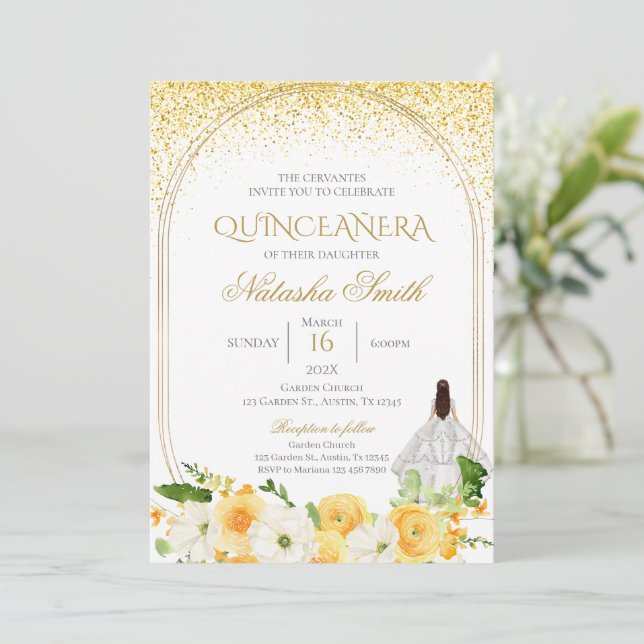 Einladung der Gelben Flora Quinceanera (Stehend Vorderseite)