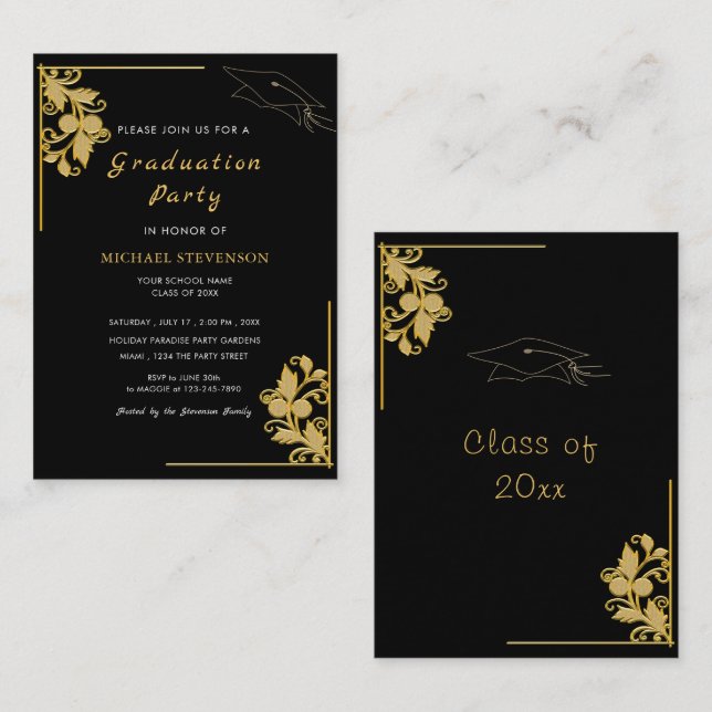 Einladung der Gold Blume Frame Graduation Party (Vorne/Hinten)