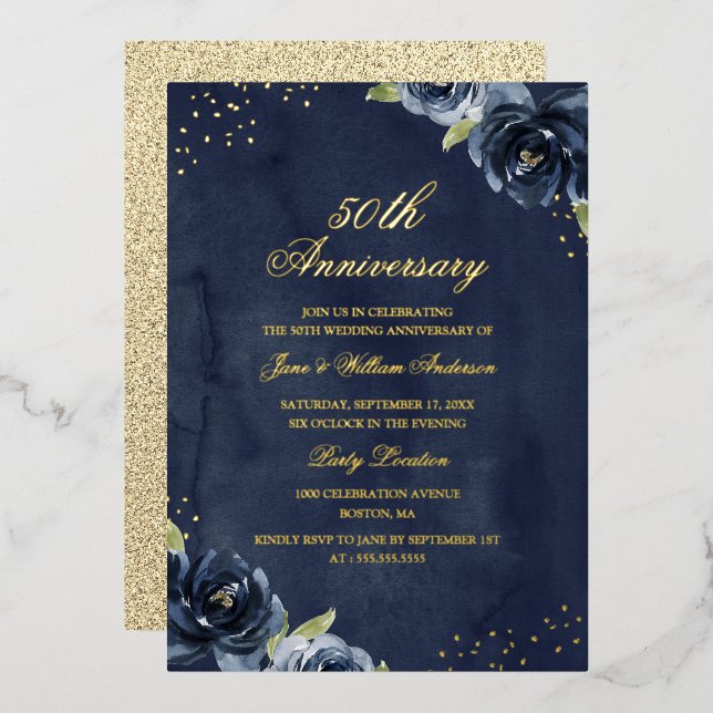 Einladung der GOLD FOIL Navy Gold Floral Jubiläum (Vorderseite/Rückseite)