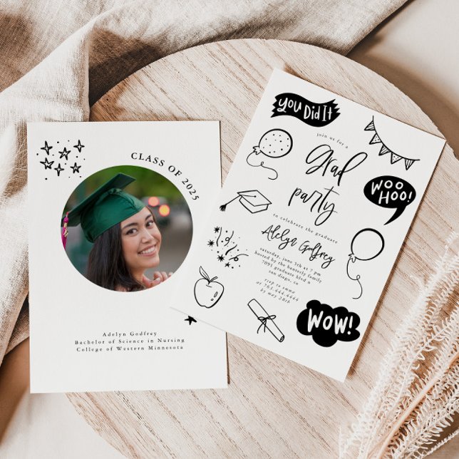 Einladung der handgezogenen Quirky-Graduiertenpart (Von Creator hochgeladen)