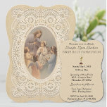 Einladung der Katholischen Vintagen Erstkommune<br><div class="desc">Das Sakrament der Ersten Heiligen Kommunion zu feiern ist ein wundersamer Anlass. Diese traditionelle katholische Vintage Erste Heilige Kommunion Einladung mit Jesus unter den Engeln und Kindern, die ein kleines Mädchen ihre Erste Heilige Kommunion geben. Ein Spitzendesign-Hintergrund wird die Schönheit und Feier dieses besonderen Tages ausdrücken. Alle Texte und Schriftart...</div>