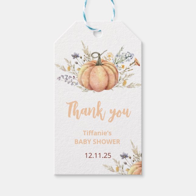 Einladung der kleinen Pumpkin Baby Dusche | Herbst Geschenkanhänger (Vorderseite)