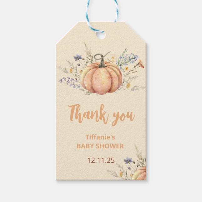 Einladung der kleinen Pumpkin Baby Dusche | Herbst Geschenkanhänger (Vorderseite)