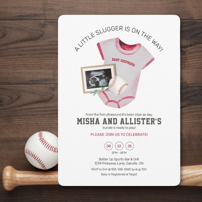 Einladung der kleinen Slugger Baseball Baby Dusche (Baseball-themed baby shower invite celebrating your future all-star player.)