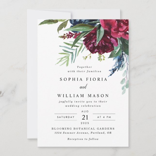 Einladung der Marine Burgundy Floral Wedding (Vorderseite)