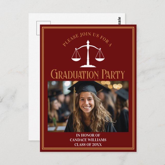 Einladung der Maroon Gold Law School Graduation Pa Postkarte (Vorne/Hinten)