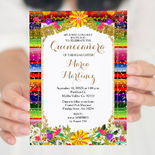 Einladung der mexikanischen Gold Floral Quinceñera