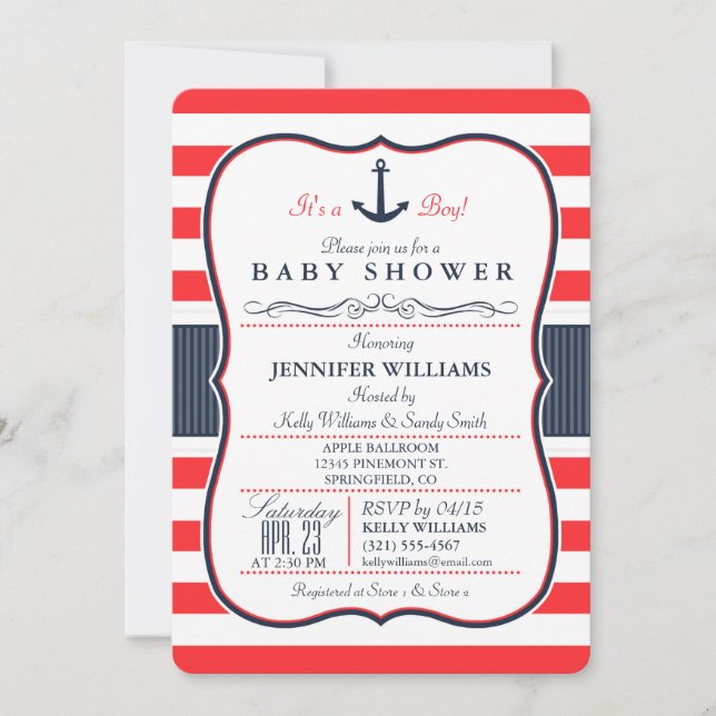 Einladung der Nautic Navy Blue and Red Baby Shower (Vorderseite)