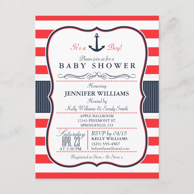 Einladung der Nautic Navy Blue and Red Baby Shower (Vorderseite)