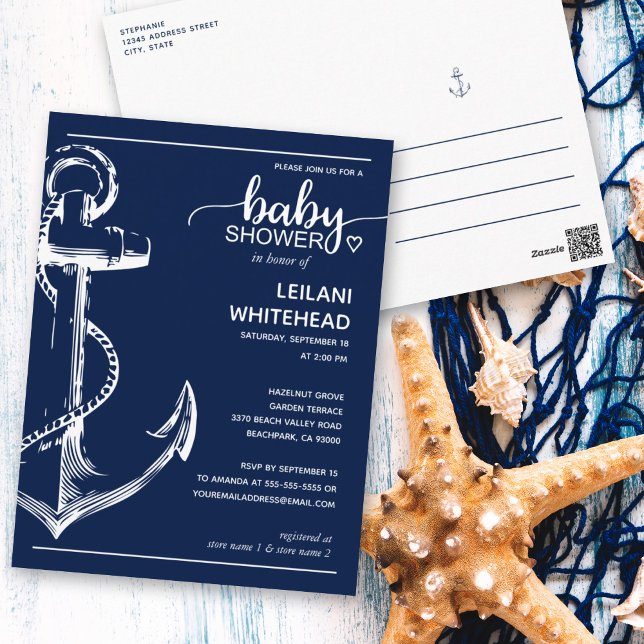 Einladung der Navy zur Nautical Anchor Baby Shower Postkarte (Von Creator hochgeladen)