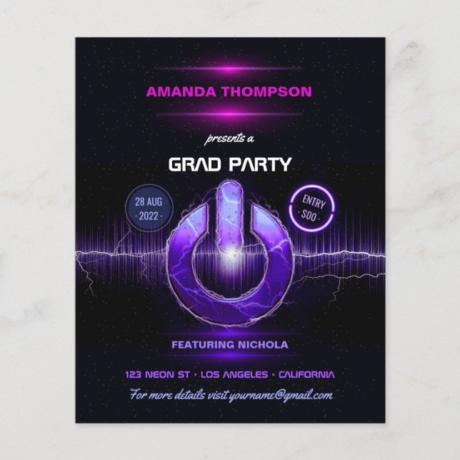Einladung der Neon DJ Music Graduation Party Flyer (Vorne)