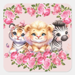Einladung der Pink WIld Animal Girl's Baby Shower Quadratischer Aufkleber