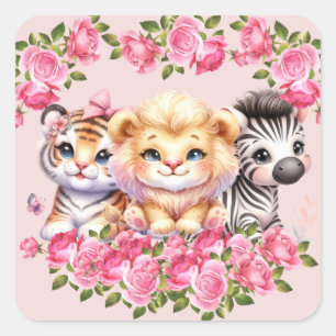 Einladung der Pink WIld Animal Girl's Baby Shower Quadratischer Aufkleber