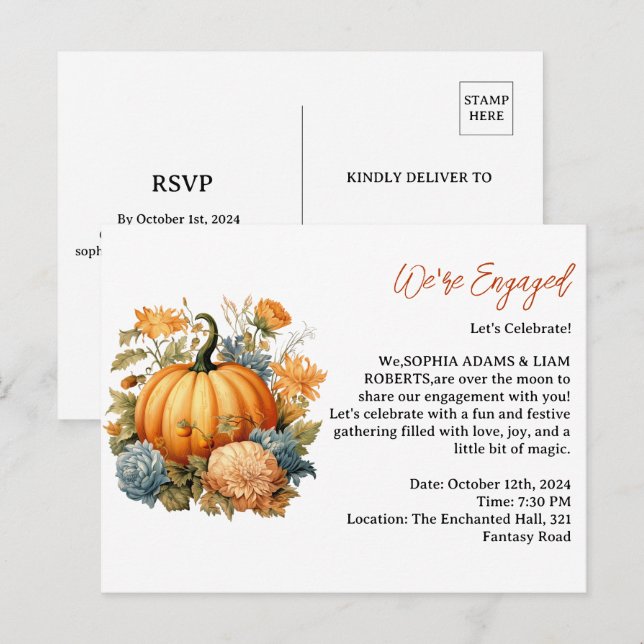 Einladung der Pumpkin Fall Engagement Party Postkarte (Vorne/Hinten)