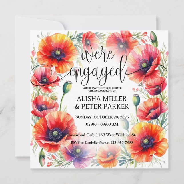 Einladung der Red Poppie Watercolor Engagement Par (Vorderseite)