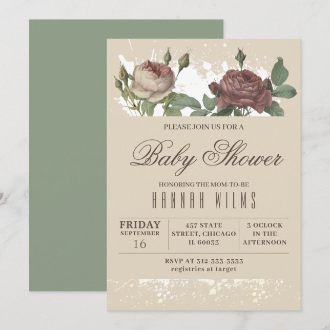 Einladung des Burgundy Blush Floral Gold Baby Dusc (Vorne/Hinten)