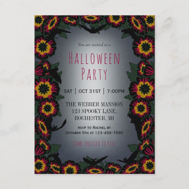 Einladung des Goth Halloween-Party mit Blume und F Postkarte (Vorderseite)