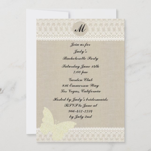 Einladung des Junggeselinnen-Abschieds Burlap und  (Vorderseite)
