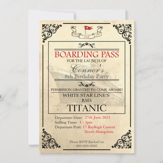 Einladung des Titanic Boarding Pass (Vorderseite)