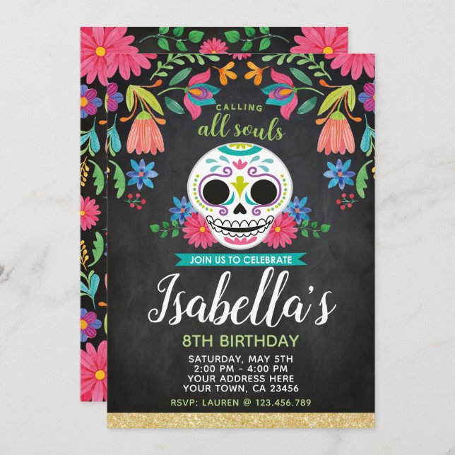 Einladung Dia de Los Muertos Birthday (Vorne/Hinten)