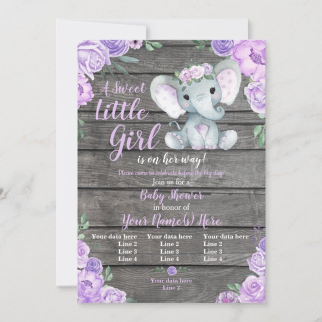 Einladung eines Elefanten, rustikal, lila (Vorderseite)