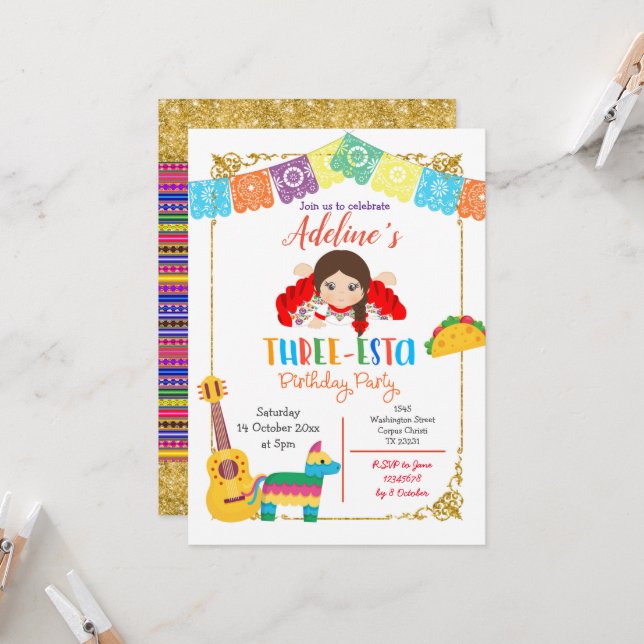 Einladung eines mexikanischen Mädchens zum Geburts (Vorderseite/Rückseite Beispiel)