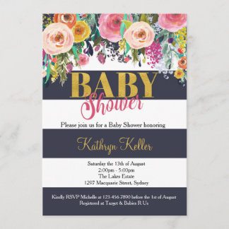 Einladung eines Navy & Gold Floral Baby Duschers