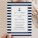 Einladung eines Navy Nautical Baby Shower Baby Boy<br><div class="desc">Machen Sie die perfekte Ankündigung Ihrer Babydusche mit dieser Baby-Dusche-Baby-Einladung. Diese weiße Einladung mit Anker ist perfekt,  um die Ankunft eines kleinen Jungen zu feiern. Es ist die perfekte Ergänzung zu einem Strandthema oder einer Babydusche zum Thema Wassersport.</div>