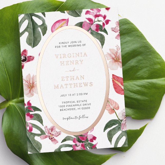 Einladung eines tropischen Blumenwalds (Elegant Tropical Floral Wedding Foil Invitation by Painted Paperie)