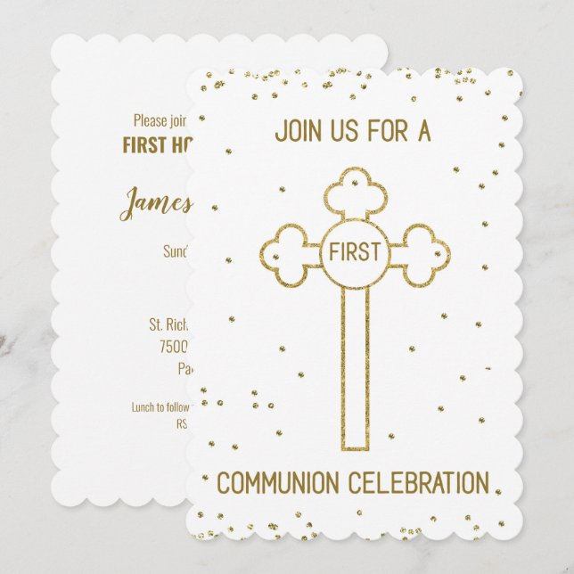 Einladung Erste heilige Kommunion Gold Look Cross (Vorne/Hinten)