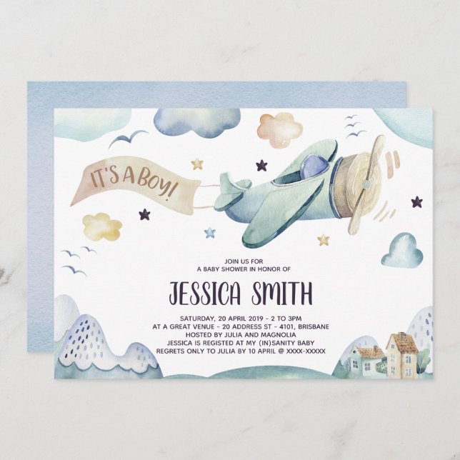 Einladung für Babydusche mit Wasserfarbe (Vorne/Hinten)