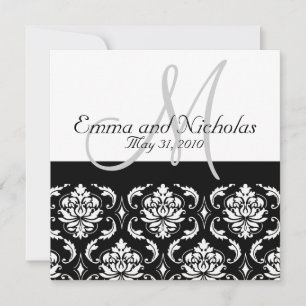 Einladung für Hochzeit Monogram M Damask Black & W