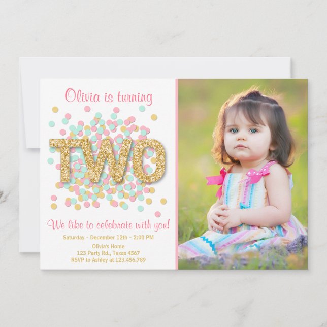 Einladung Girl Pink Gold Minze Zwei (Vorderseite)