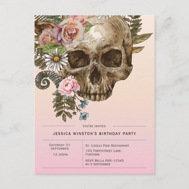 Einladung Gothic Dusty Pink Vintag Skull Postkarte (Vorderseite)