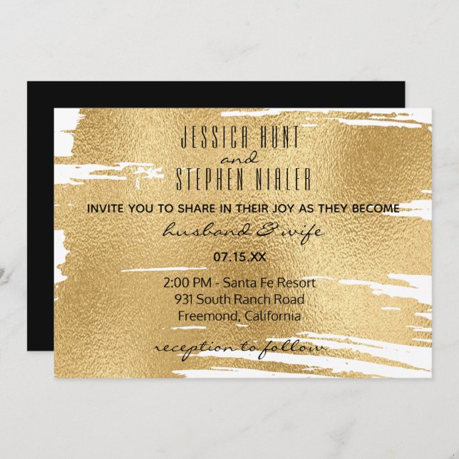 Einladung Hochzeit Elegant in Schwarz und Gold (Vorne/Hinten)