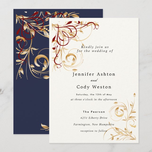 Einladung Hochzeit Elegante Goldene Swirl Farbwahl (Vorne/Hinten)