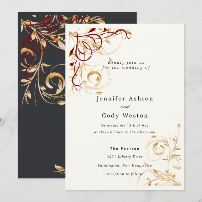 Einladung Hochzeit Elegante Goldene Swirl Farbwahl (Vorne/Hinten)