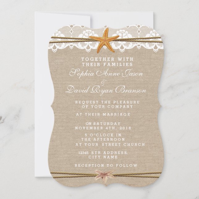 Einladung Hochzeit Rustic Beach Starfish Lace (Vorderseite)