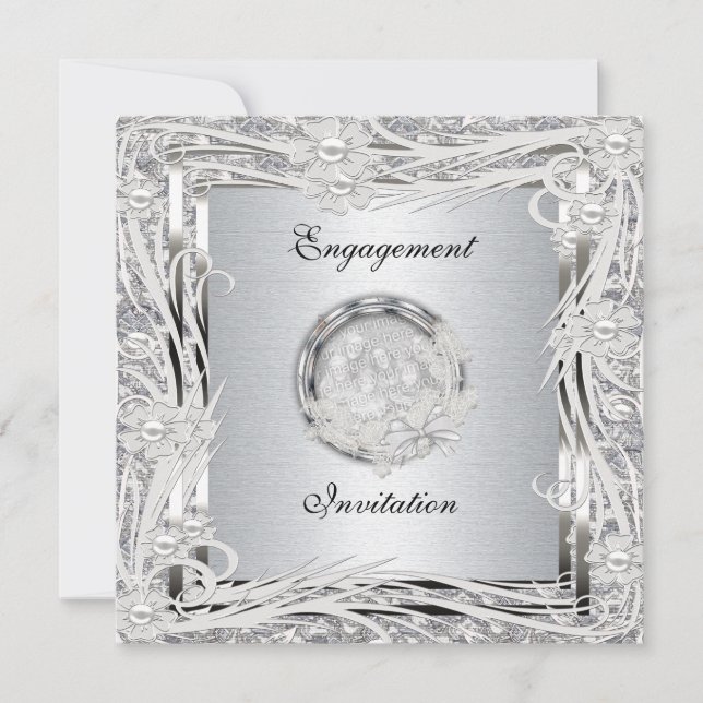 Einladung Hochzeit Verlobung Silber Blumenrahmen (Vorderseite)