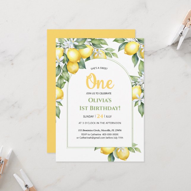 Einladung Lemon Zitrus 1. Geburtstag. (Vorderseite/Rückseite Beispiel)