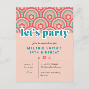 Einladung "Let's Party" Retro Blume Kind, rosa Postkarte