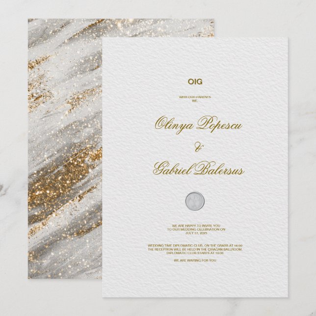 Einladung mit Goldener Pinselstriche bei weißen Ho (Vorne/Hinten)