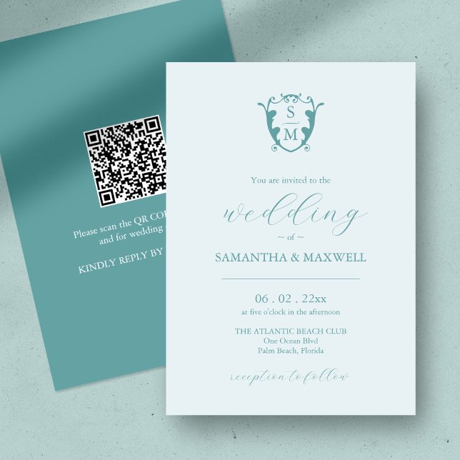 Einladung mit QR-Code (QR code wedding invitation blue minimalistic custom monogram crest )