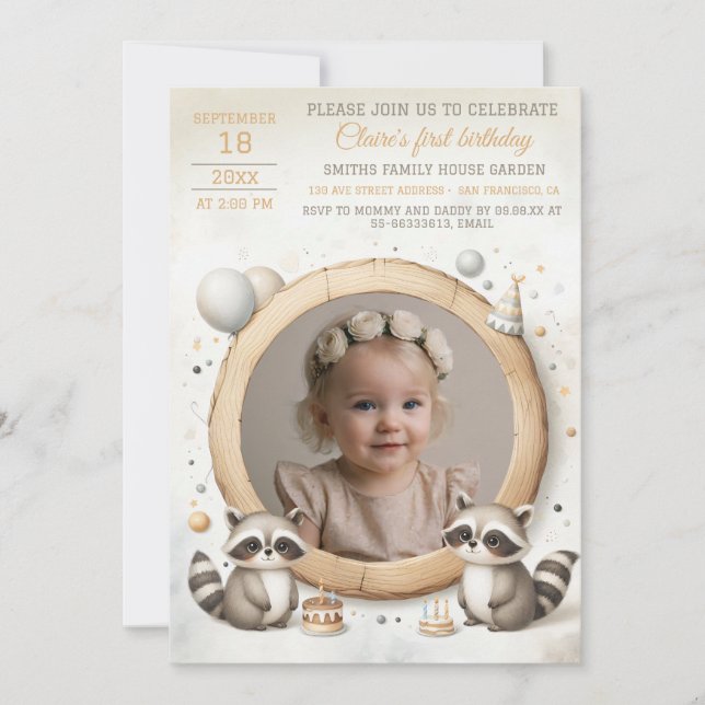 Einladung mit Raccoon Rahmen für Foto (Vorderseite)