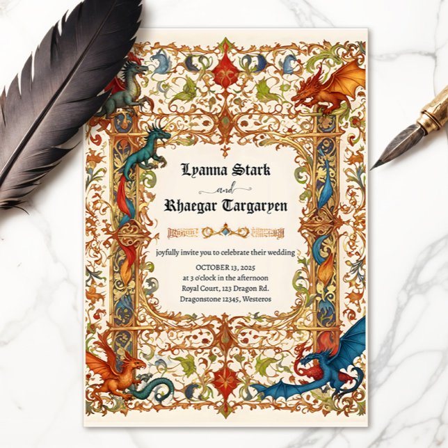 Einladung mittelalterlicher Drachen, antikes Manus (Medieval manuscript with dragons invitation)