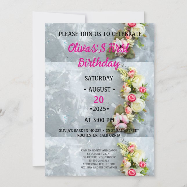 Einladung ONEderful Pink Floral 1. Geburtstag (Vorderseite)