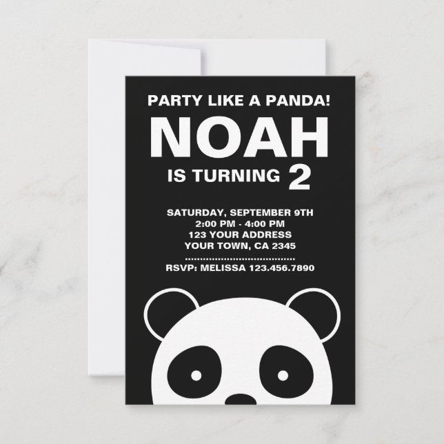 Einladung Panda zum Geburtstag, Schwarz-Weiß-Party (Vorderseite)