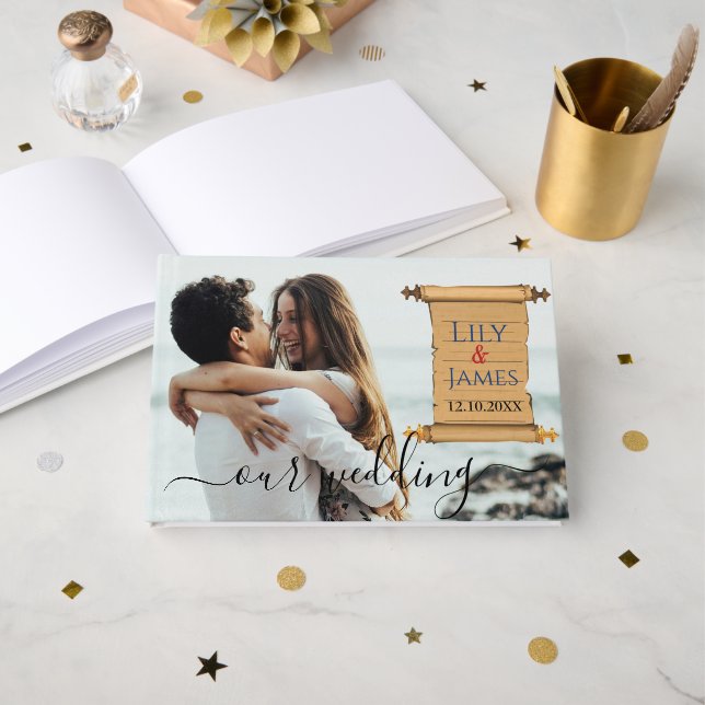 Einladung Pharaonisches Erbe auf Papyrus Hochzeit Gästebuch (Vorderseite Offen)