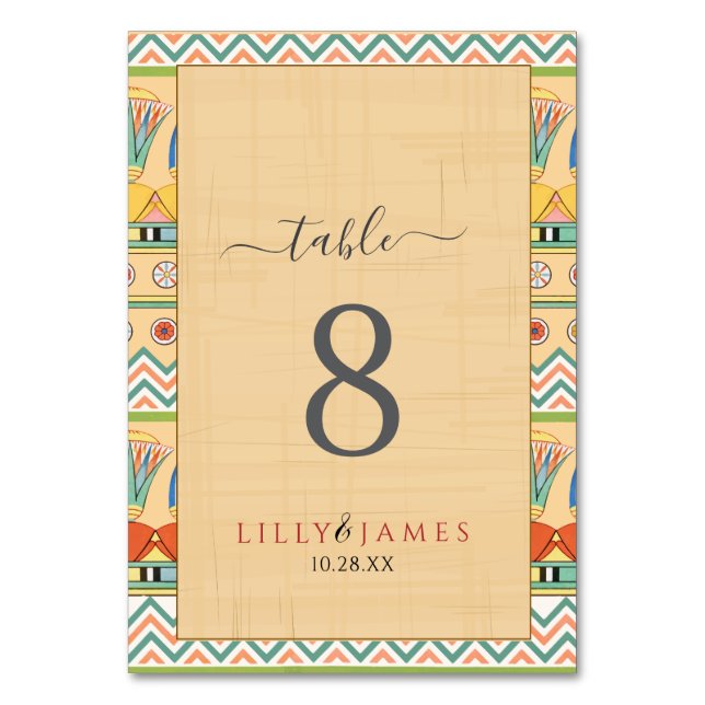 Einladung Pharaonisches Erbe auf Papyrus Hochzeit Tischnummer (Vorderseite)