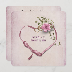 Einladung rosa Band Herz mit Ringen